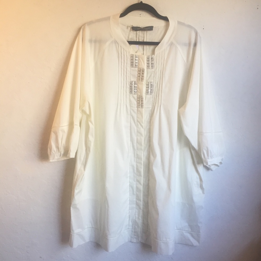 Marina Rinaldi Cream Pintuck Tunic with Bead Accents